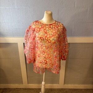 New York & Company Vibrant Pinks Sheer Blouse SZ XL Bell Short Sleeve Floral